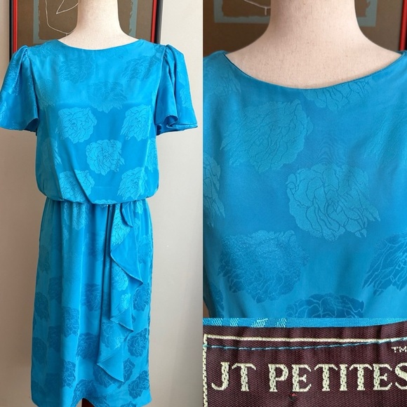 Vintage floral shine and matte pattern- front drape midi dress. - Picture 2 of 6